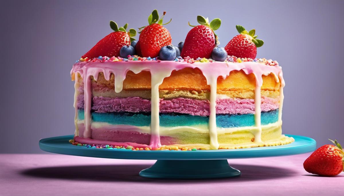 A slice of cake with colorful frosting, symbolizing indulgence, reward, and celebration in the act of receiving cake in dreams.