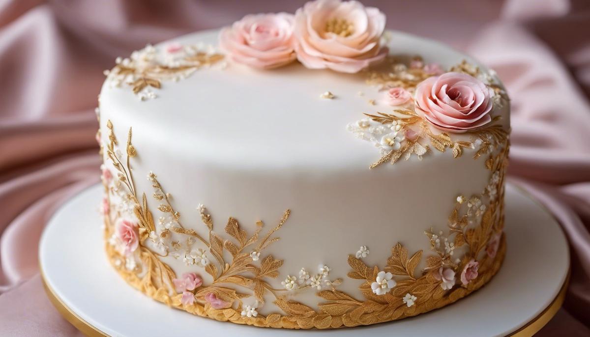 An image of an exquisitely decorated cake with layers of frosting, gold leaf sprinkles, and delicate flowers on top.