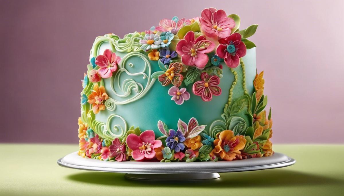 A slice of cake with vibrant frosting and intricate decorations, symbolizing celebration and the complexity of dreams.