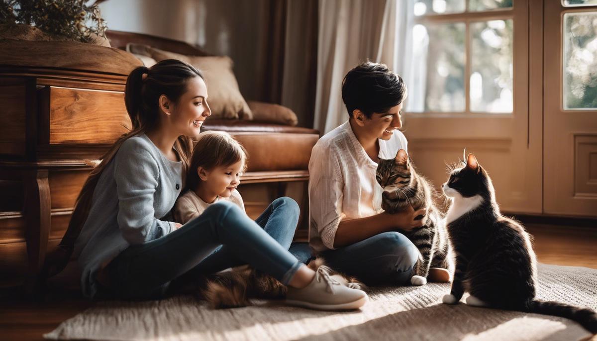 Image of a family sitting together with a cat, symbolizing the importance of feline interactions in family dynamics.