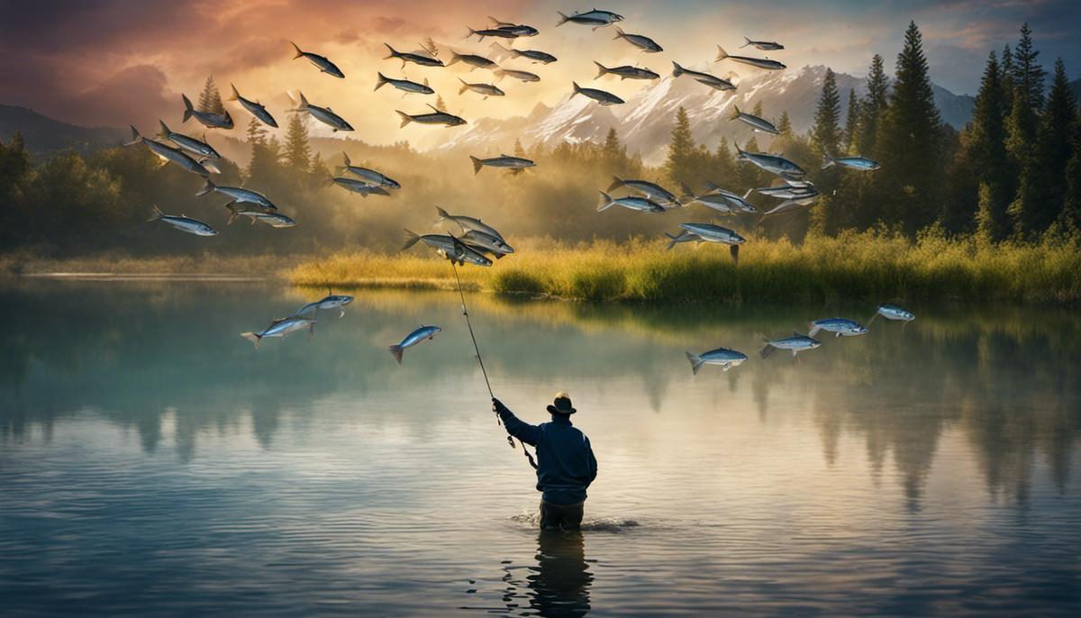 Image of a person catching fish in a dream. The person is holding a fishing rod and there are multiple fish jumping out of the water.