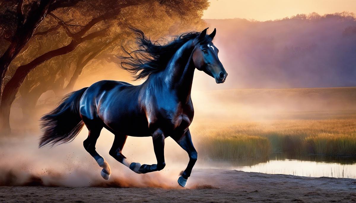 An image of a charging steed in dreamscape, symbolizing freedom, power, and personal potential