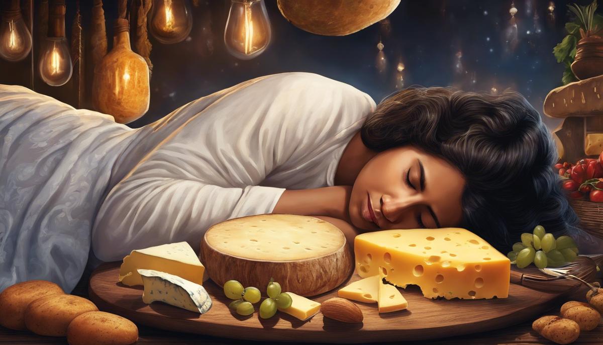 Image description: An illustration of a person sleeping and dreaming about cheese in various cultural settings, highlighting the diversity of interpretations.