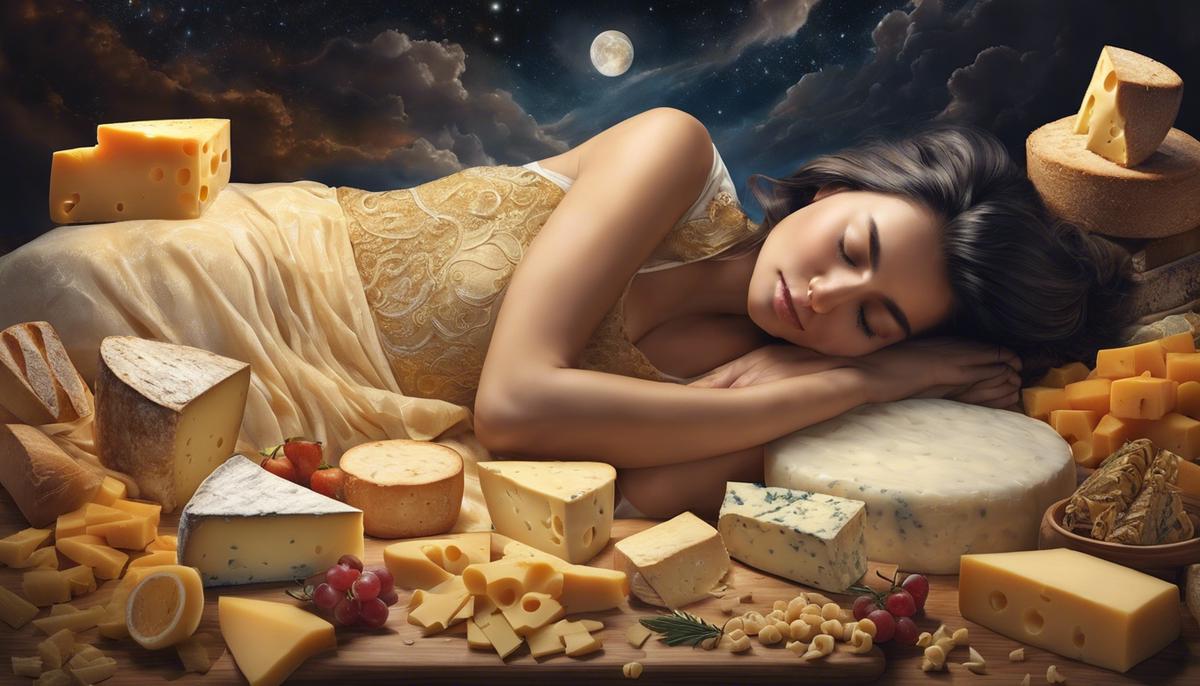 Illustration of a person sleeping and surrounded by swirling dreams filled with various types of cheese.