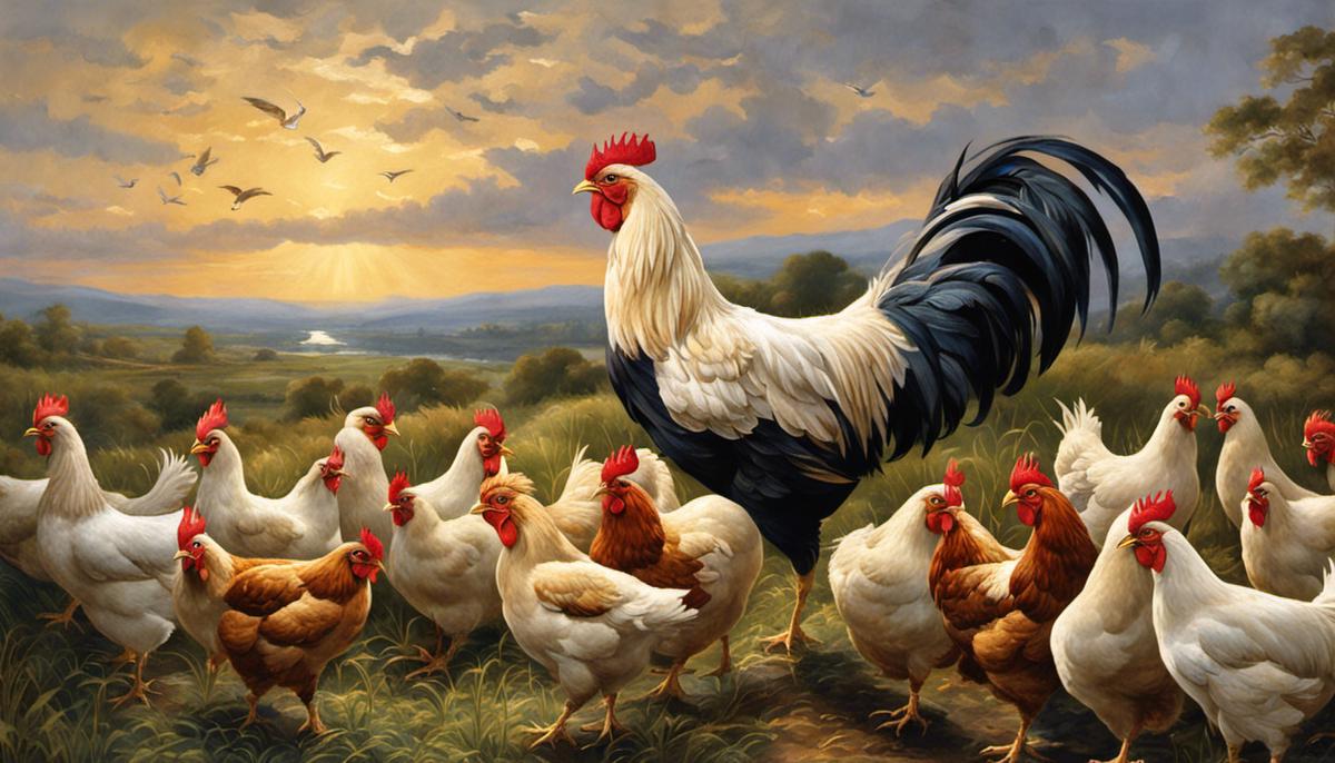 Image depicting the symbolic representations of chickens in a Biblical perspective, symbolizing blessings, introspection, betrayal, and divine guidance