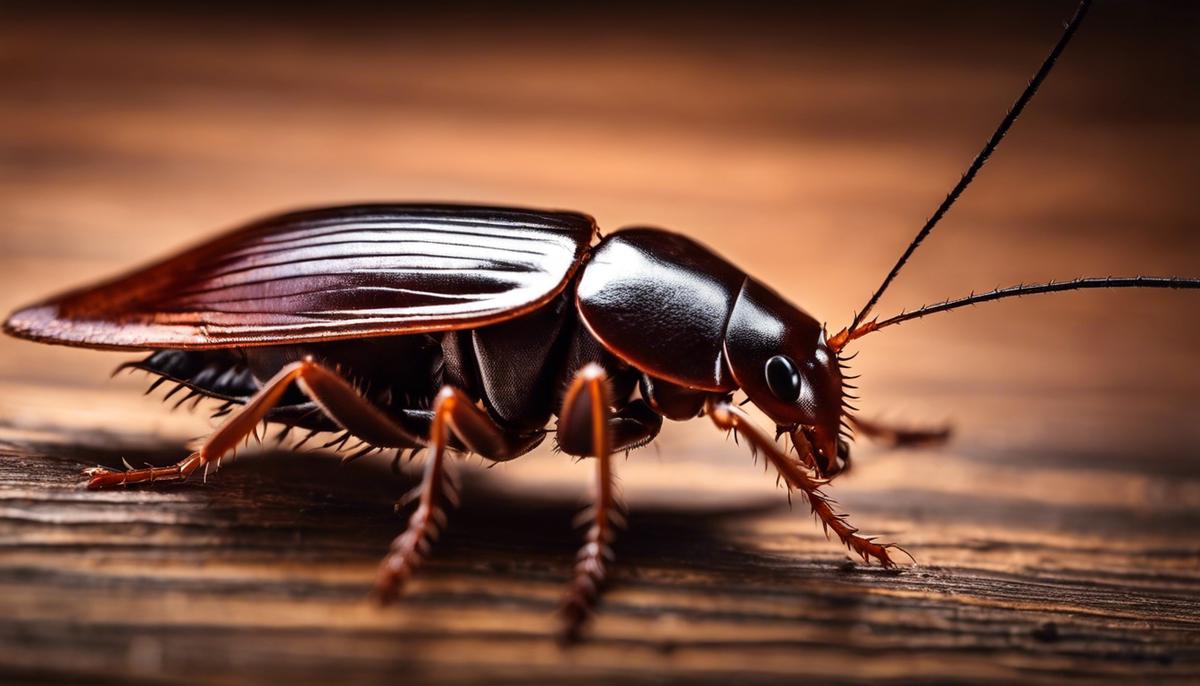 A close-up image of a cockroach crawling on a wooden surface
