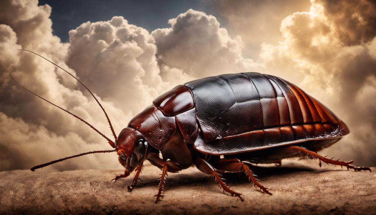 Image of a cockroach and a dream cloud with symbols of resilience, revelation, purification, acceptance, and triumph.