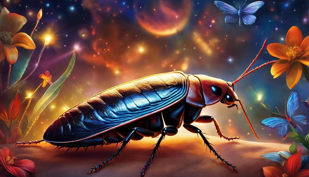 A vivid illustration of a cockroach in a dreamlike setting, surrounded by other dream symbols, representing the cultural significance and interpretive nature of cockroaches in dreams.