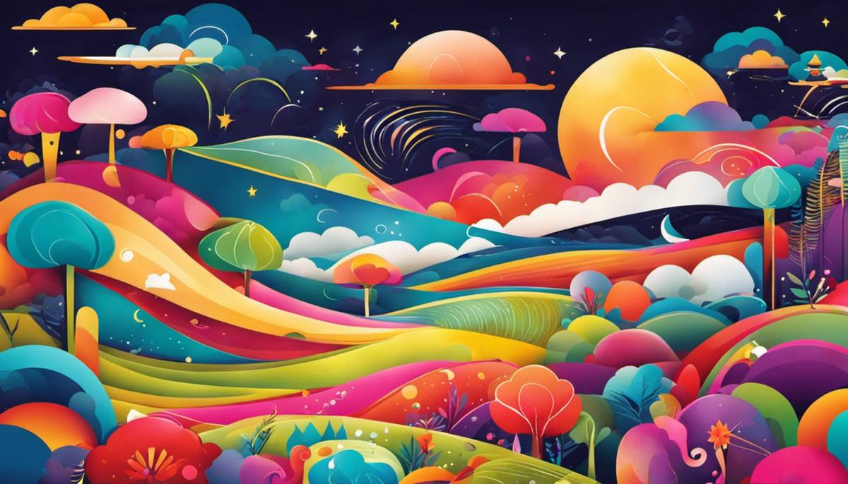 Illustration of colorful dreams with abstract shapes and symbols.