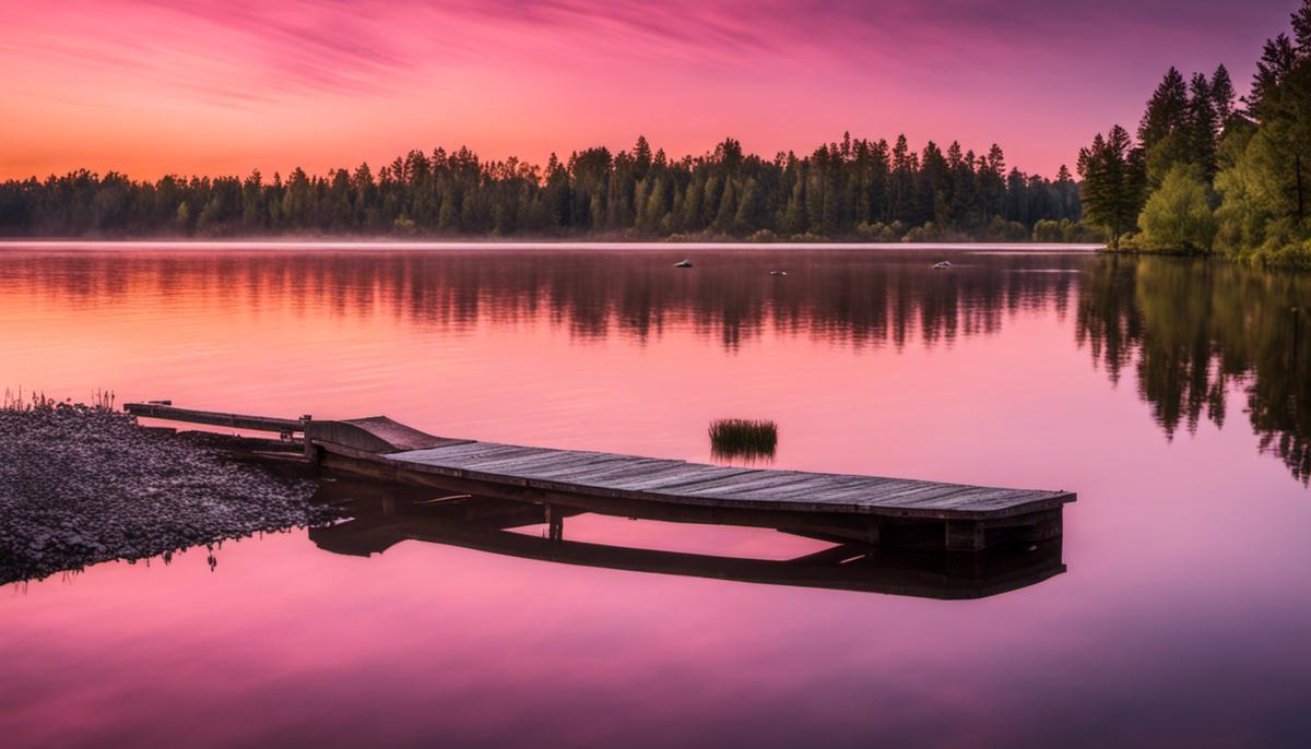 A calming pink sky reflecting on a serene lake at sunset