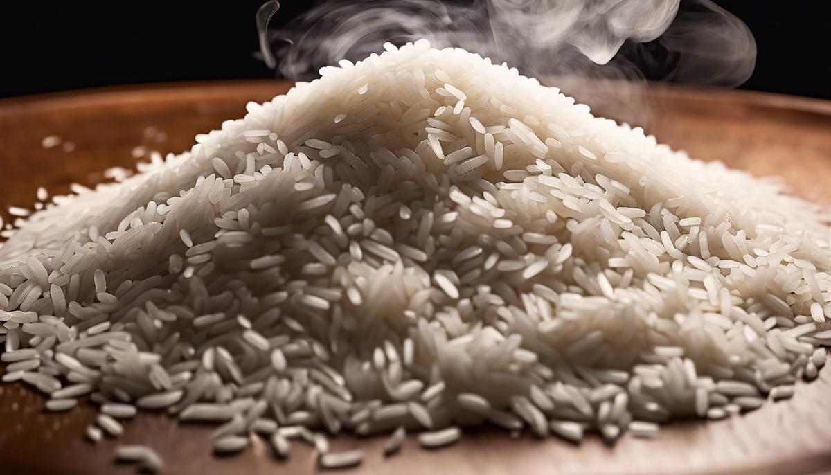 A pile of cooked rice with steam rising, representing the symbolic and multifaceted nature of dreams about cooked rice.