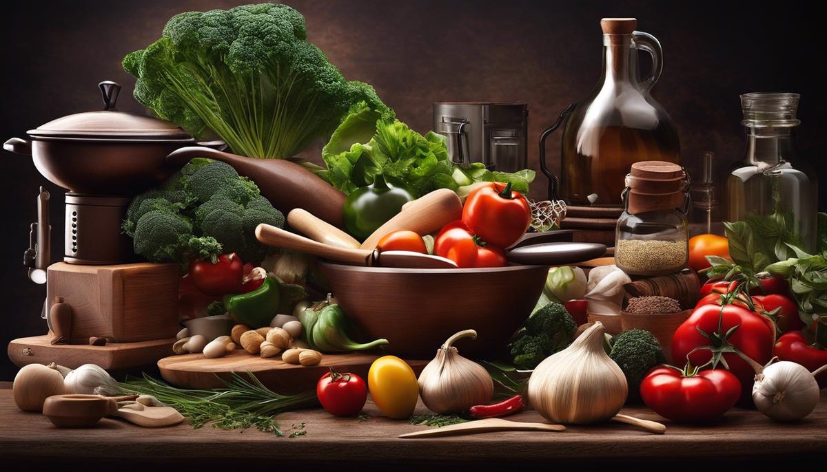 A dreamy image of food ingredients and cooking utensils, representing the world of culinary dreams.