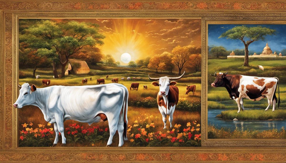 An image depicting various symbols related to cows in different cultures and religions, representing their significance in human spirituality.
