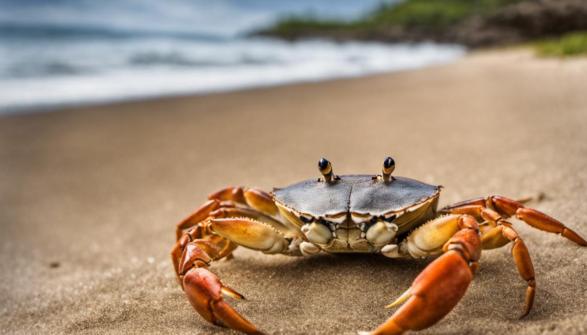 An image of a crab crawling on a sandy beach