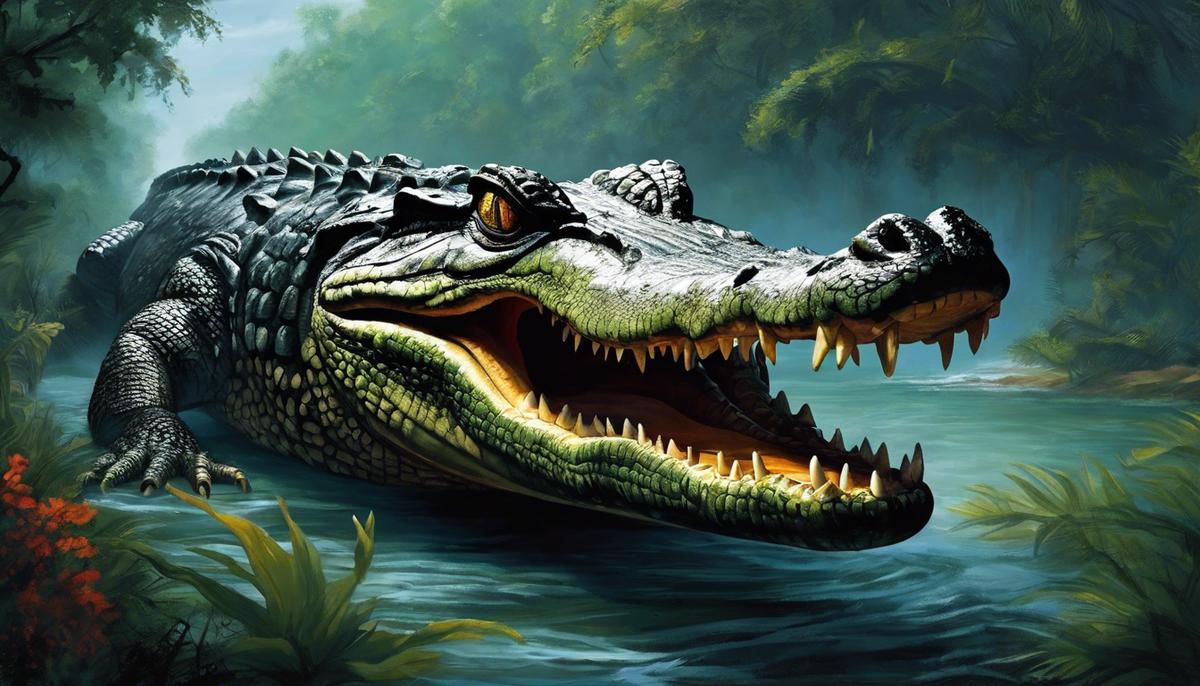 A menacing crocodile chasing a person in a dream, representing unresolved tensions and fleeing from emotional quandaries or situations in waking life.