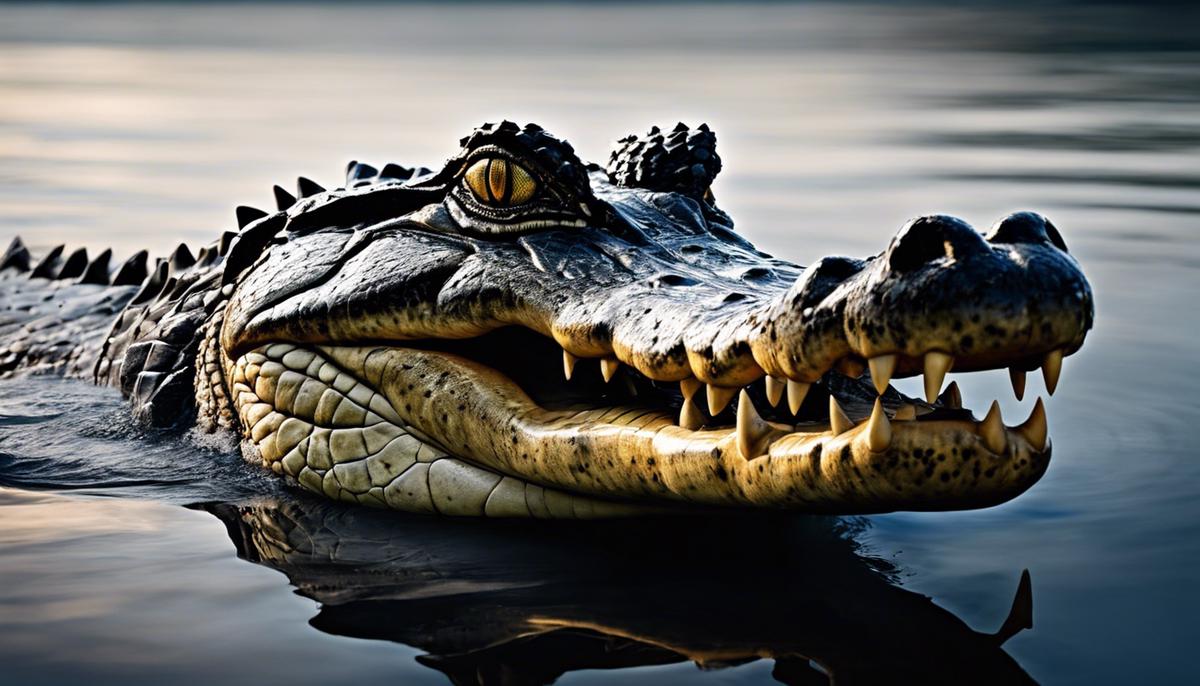 Image description: A menacing crocodile lurking in dark waters