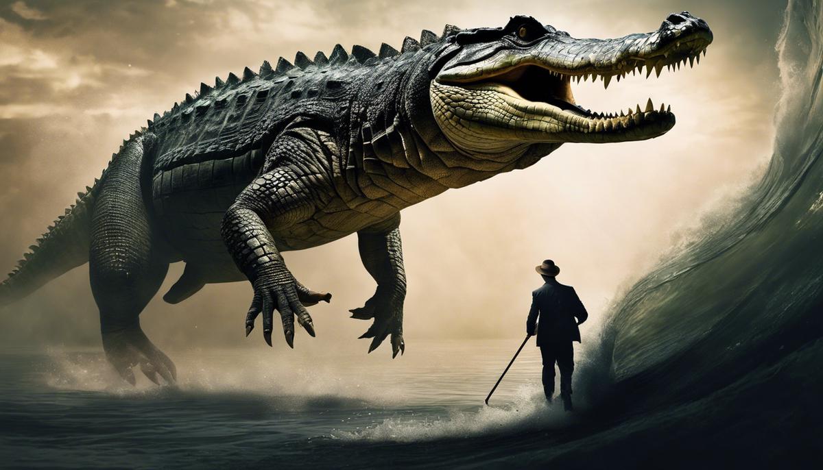 Image of a crocodile chasing a person through a dream, representing the symbolic challenges and fears we face in our subconscious.