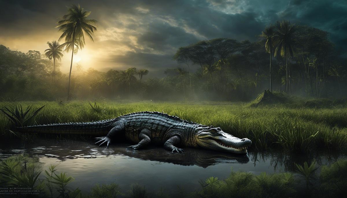 Image description: An image that represents the stress-induced chase dreams with crocodiles in a dark swamp-like environment.