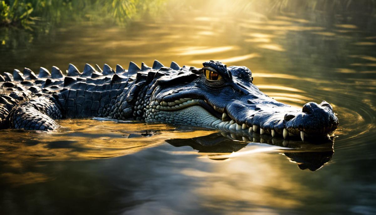 An image of a crocodile in a calm, poised state, symbolizing its strength and power.