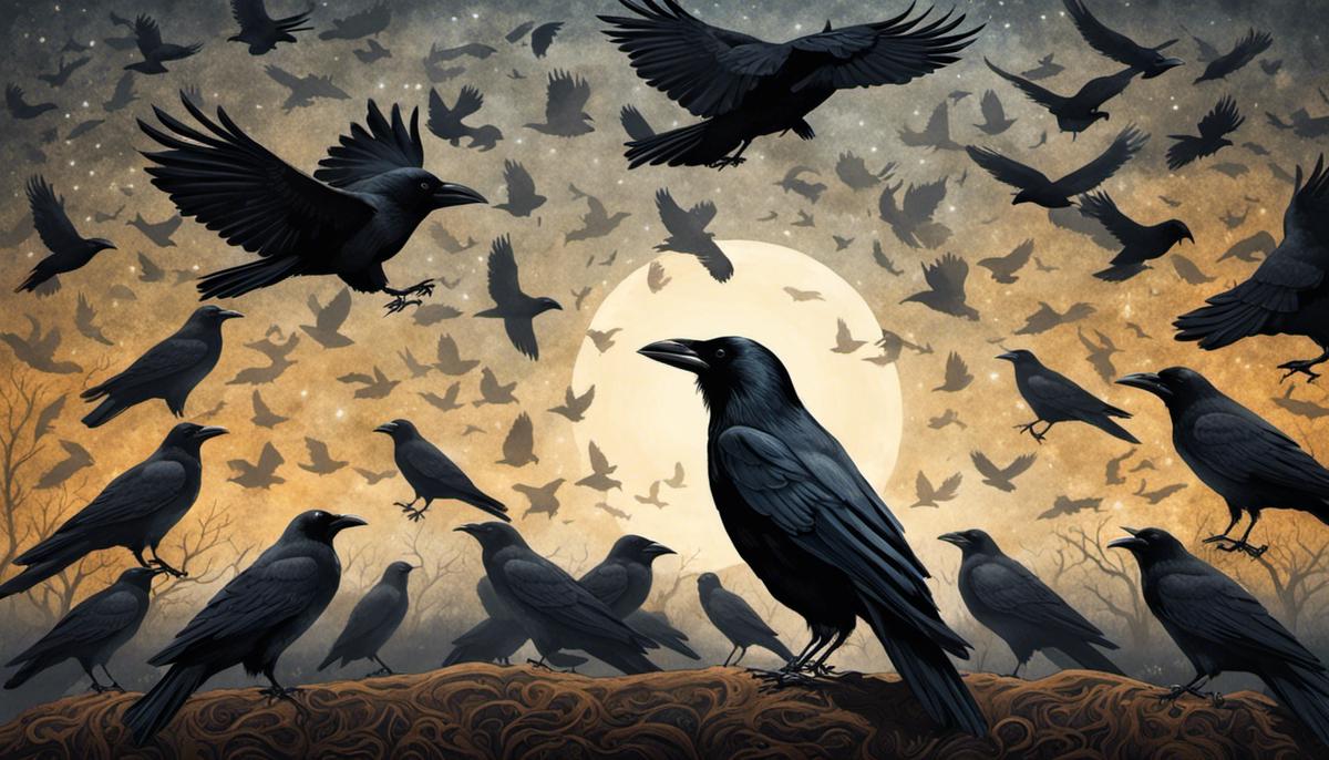 Illustration of a Crow in a Dream depicting a dreamer surrounded by crows, symbolizing complex and multifaceted dream symbolism.