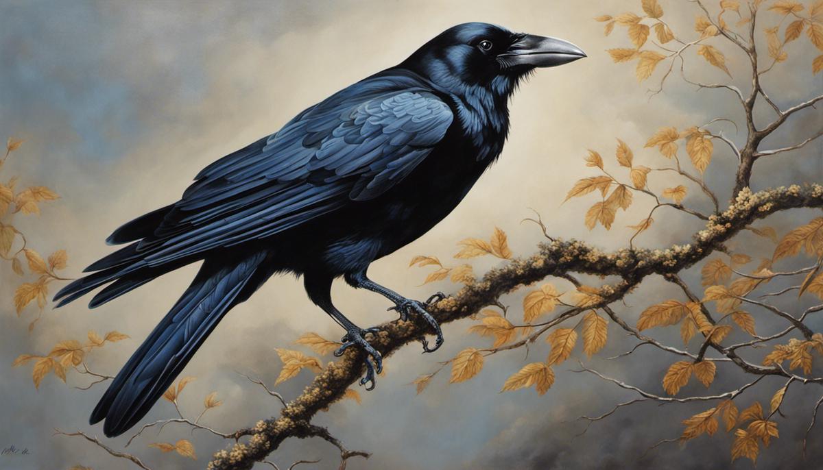 A detailed painting depicting a crow perched on a branch, with its feathers shining in different shades of black, gray, and blue, symbolizing the mysterious and symbolic nature of crows in biblical lore.
