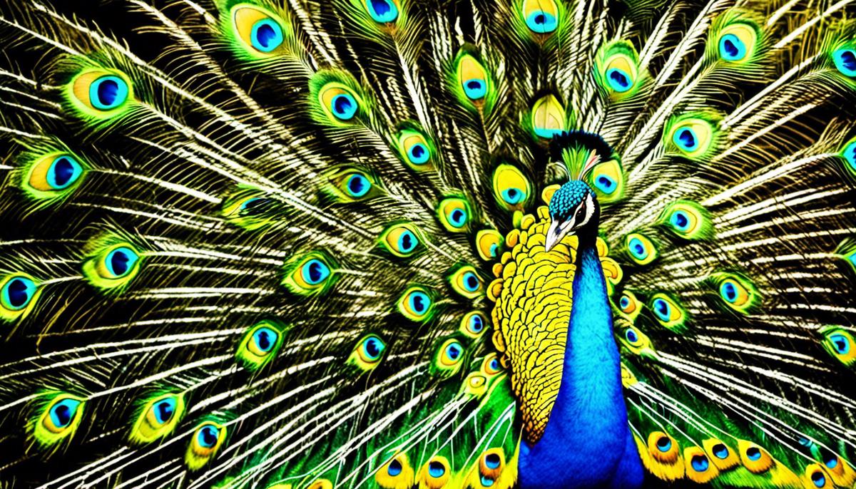 An image of a colorful peacock displaying its feathers.