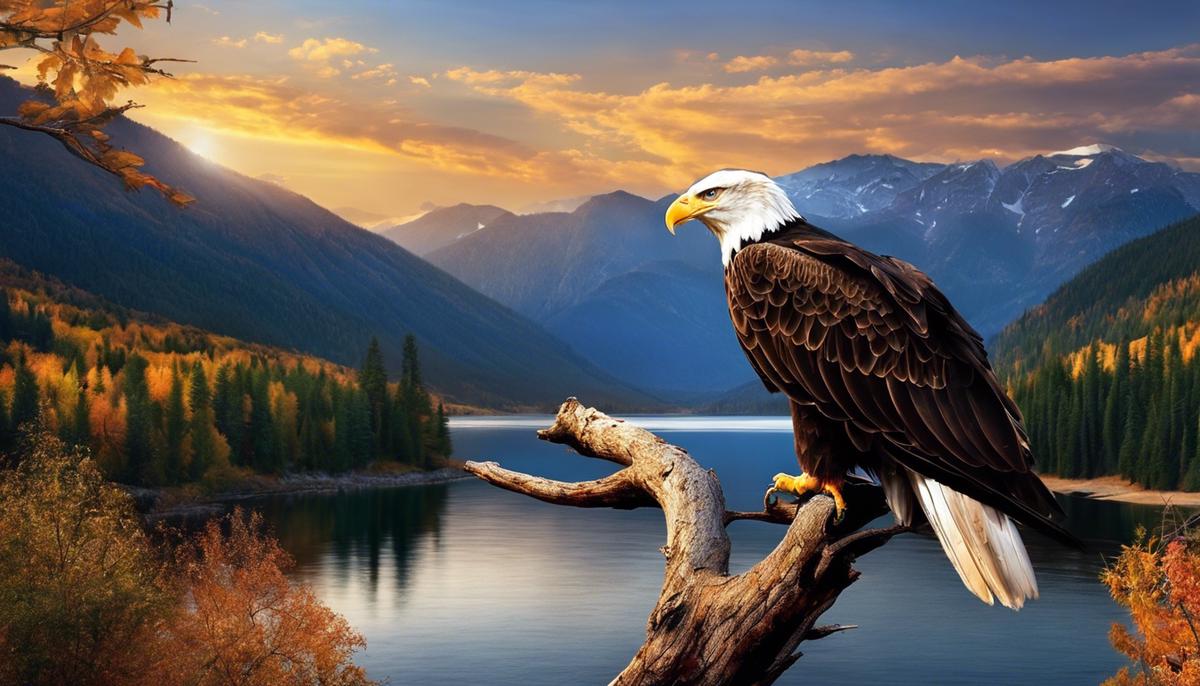An image of a bald eagle perched on a tree branch overlooking a lake with mountains in the background.