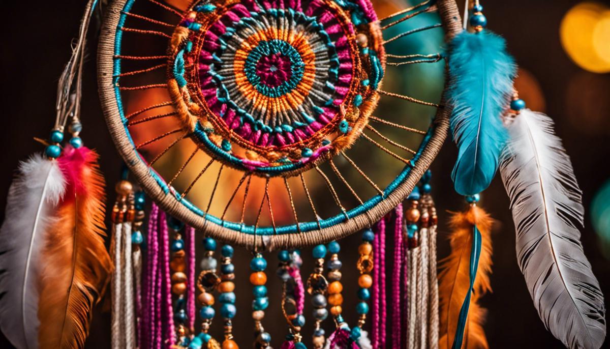 A close-up image of a colorful dreamcatcher hanging in a bedroom