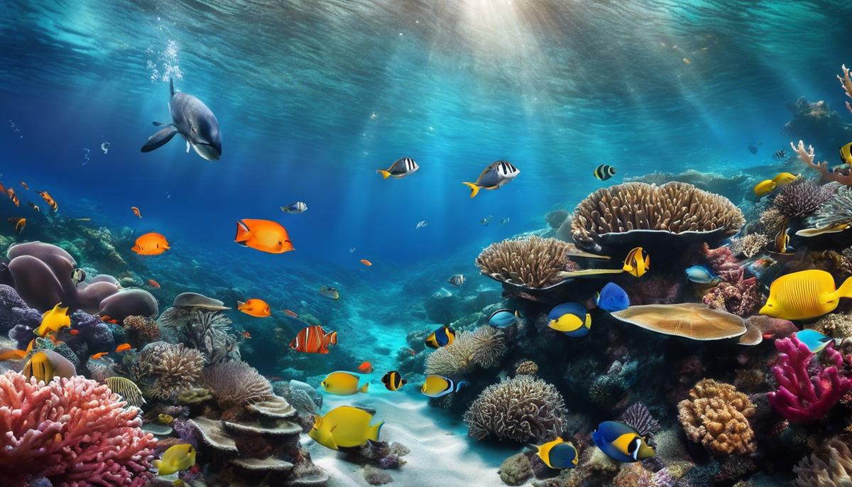 Image description: A dreamy underwater scene with vibrant coral reefs and various marine creatures swimming together.