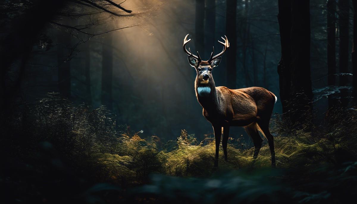 Image description: A deer standing in a forest, surrounded by darkness and facing an unseen threat.