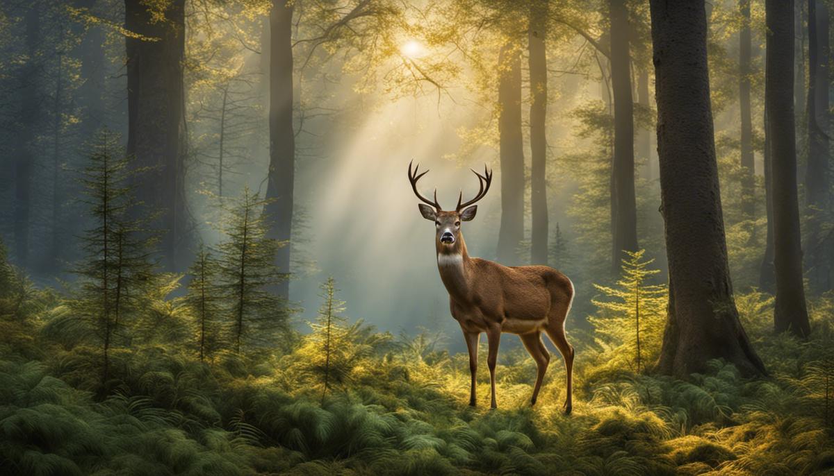An image of a deer standing in a serene forest, representing the symbolism and grace associated with deer in biblical and cultural contexts.
