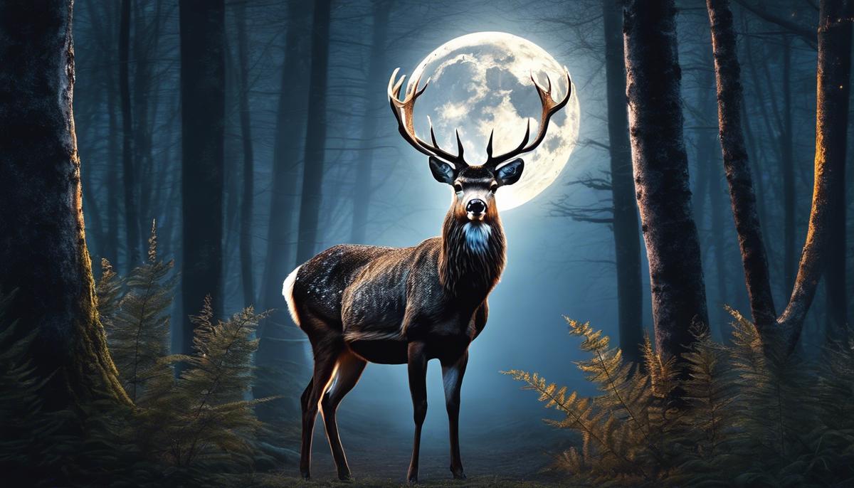 A majestic deer standing in a moonlit forest