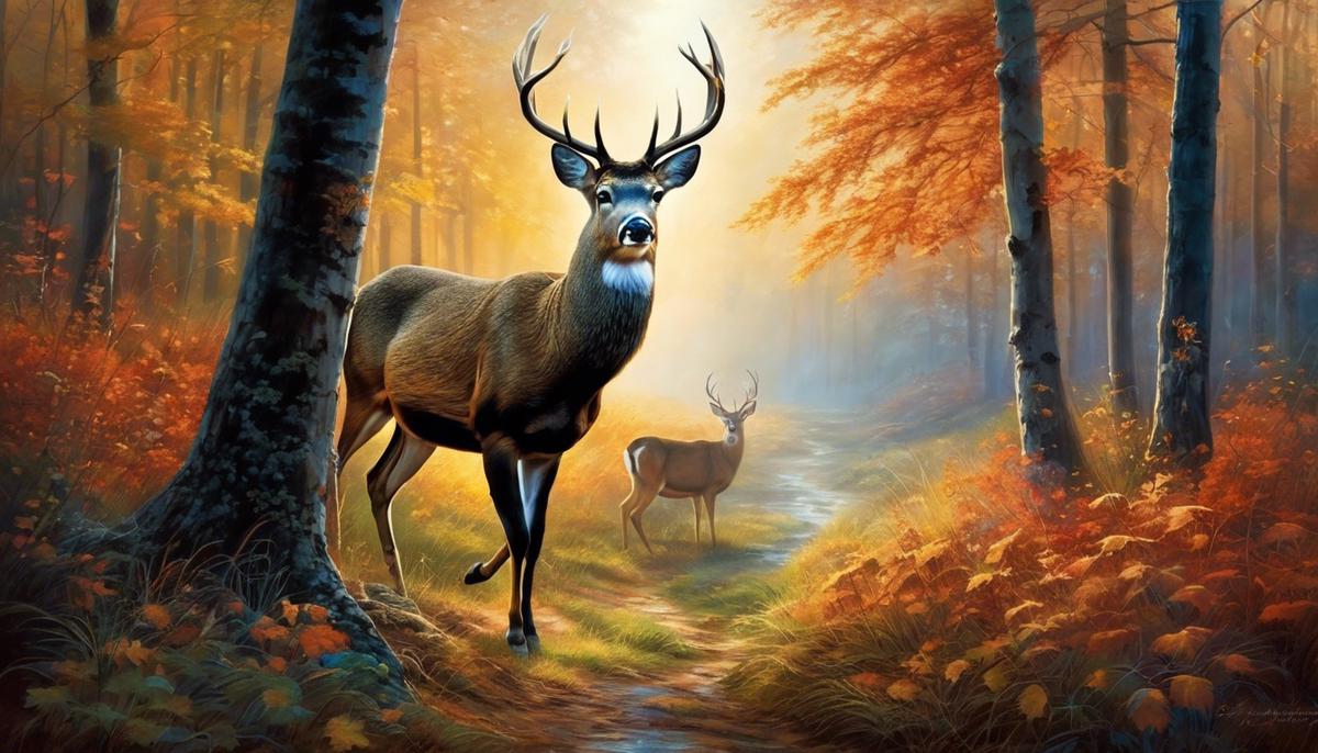 An image of a deer stepping softly into a dreamlike forest landscape, symbolizing grace and spirituality.