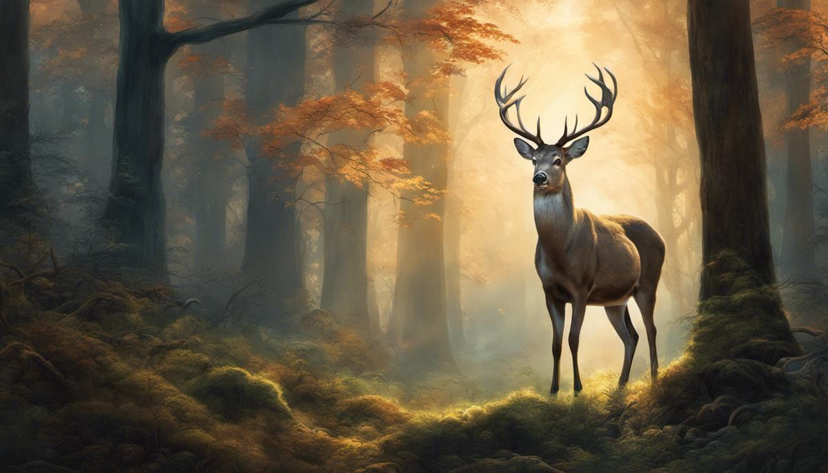 Illustration of a deer standing majestically in a forest, surrounded by ethereal light, representing the cultural significance and various interpretations of deer in dreams.