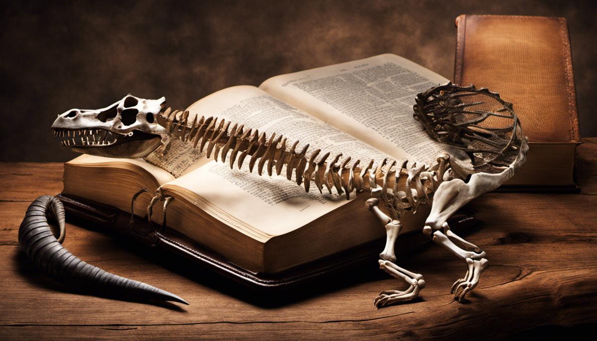 Image of a dinosaur skeleton next to a Bible, symbolizing the discussion about dinosaurs in the Bible and their dream symbolism.
