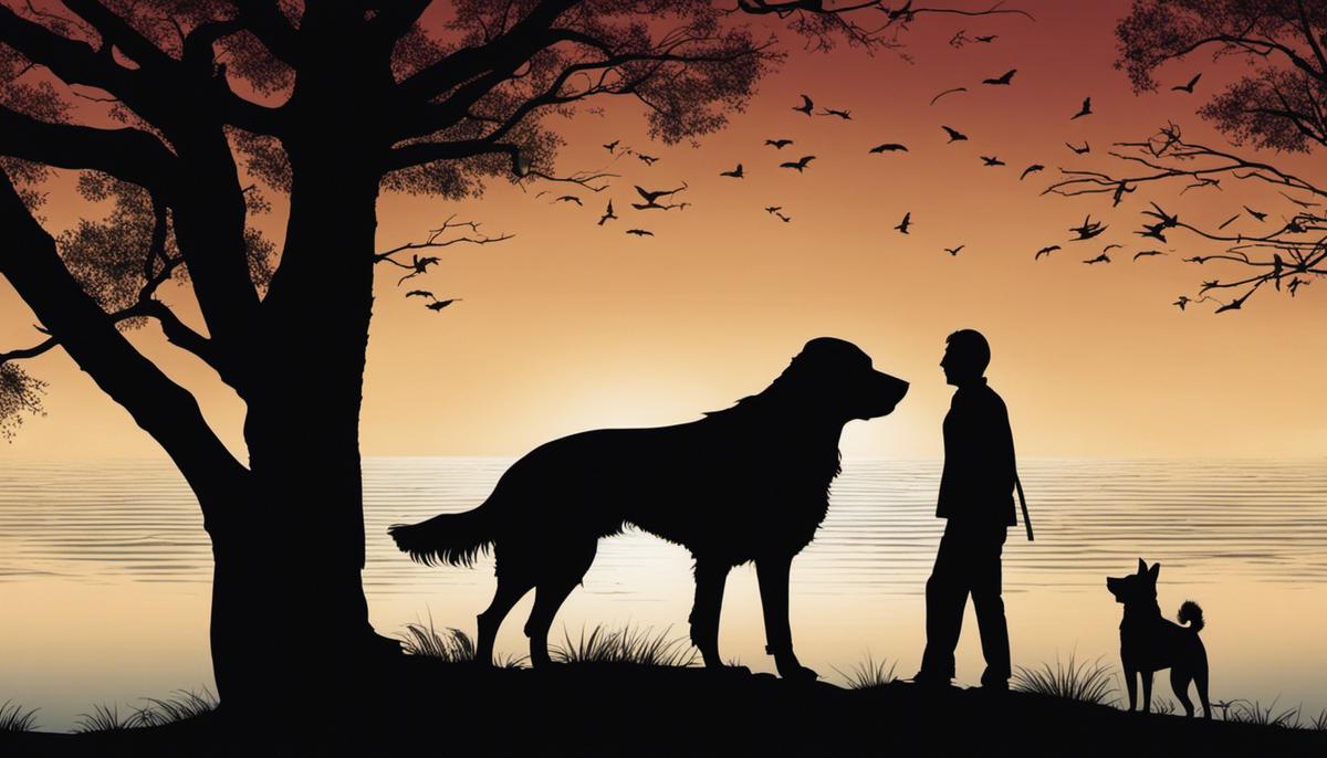 Image depicting a person's silhouette standing over a dog, symbolizing the act of killing a dog in a dream