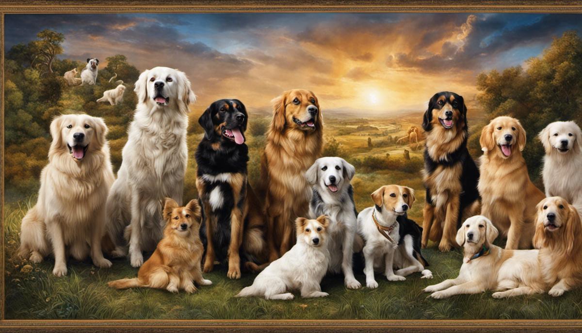 Image description: Depiction of dogs in various biblical scenes, representing their complex symbolism.