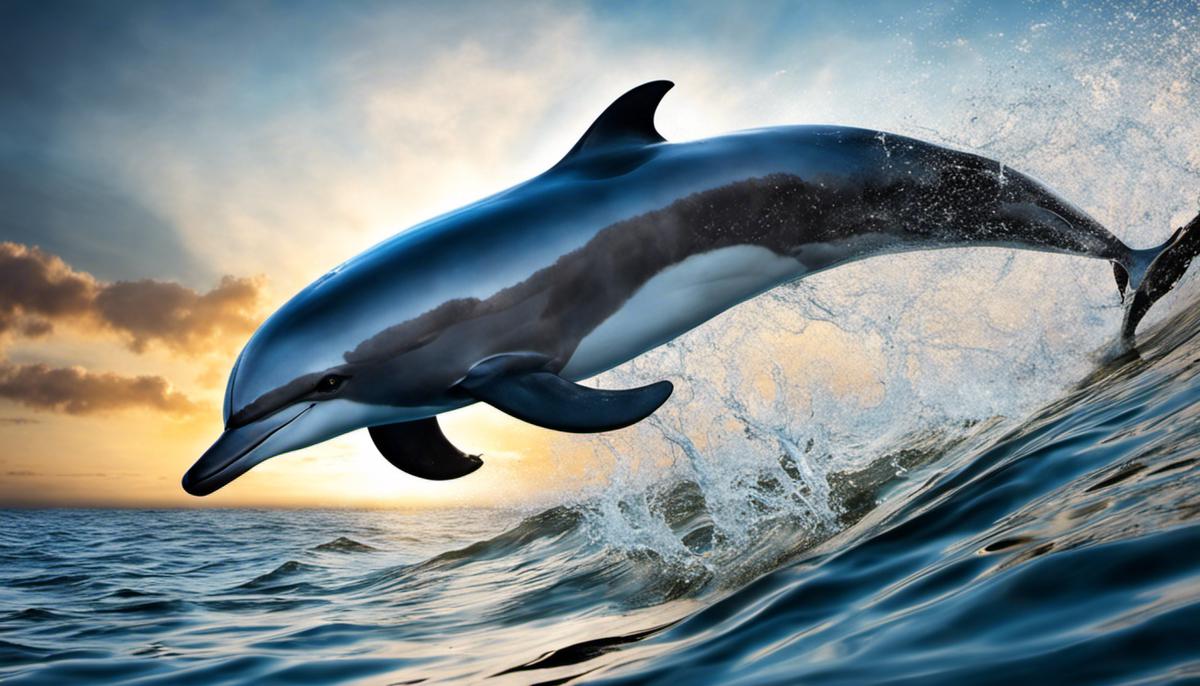 An image depicting a peaceful dolphin swimming in the water.