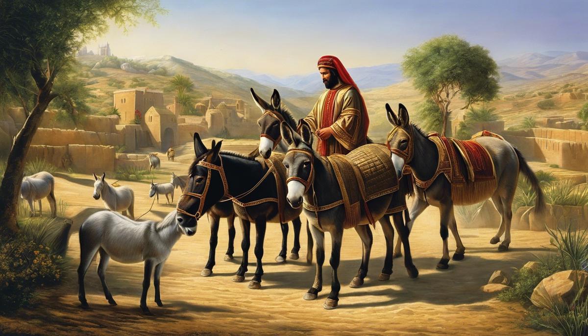 Image depicting the symbolic representation of donkeys in biblical texts, showcasing their roles as a dutiful servant, divine messenger, symbol of compassion, and a bearer of royal majesty.