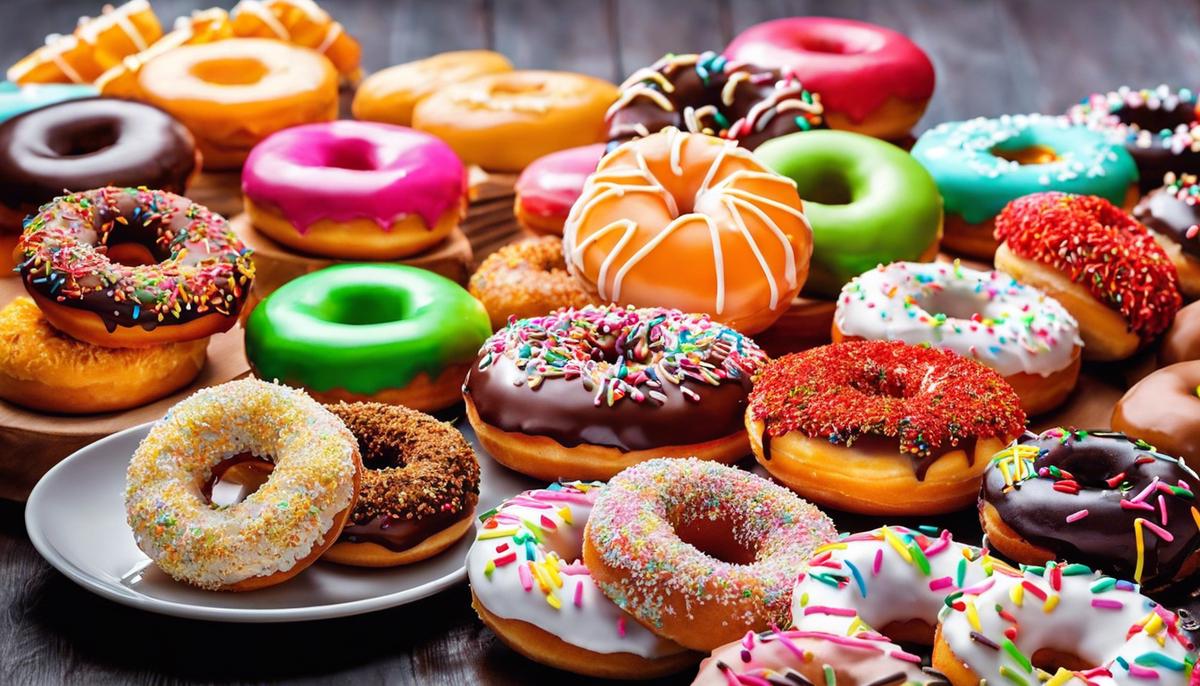 Image description: A delicious assortment of colorful donuts, enticingly arranged in a display.