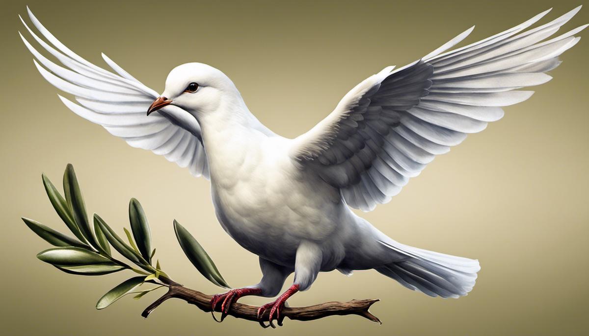 A white dove flying with olive branch in its beak, symbolizing peace and harmony.
