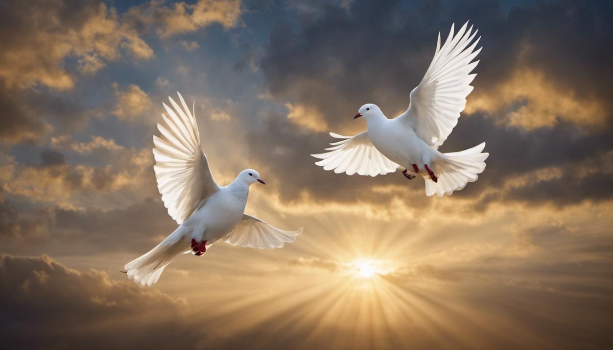 An image of two doves flying in the sky, representing their symbolism in various ancient scripts