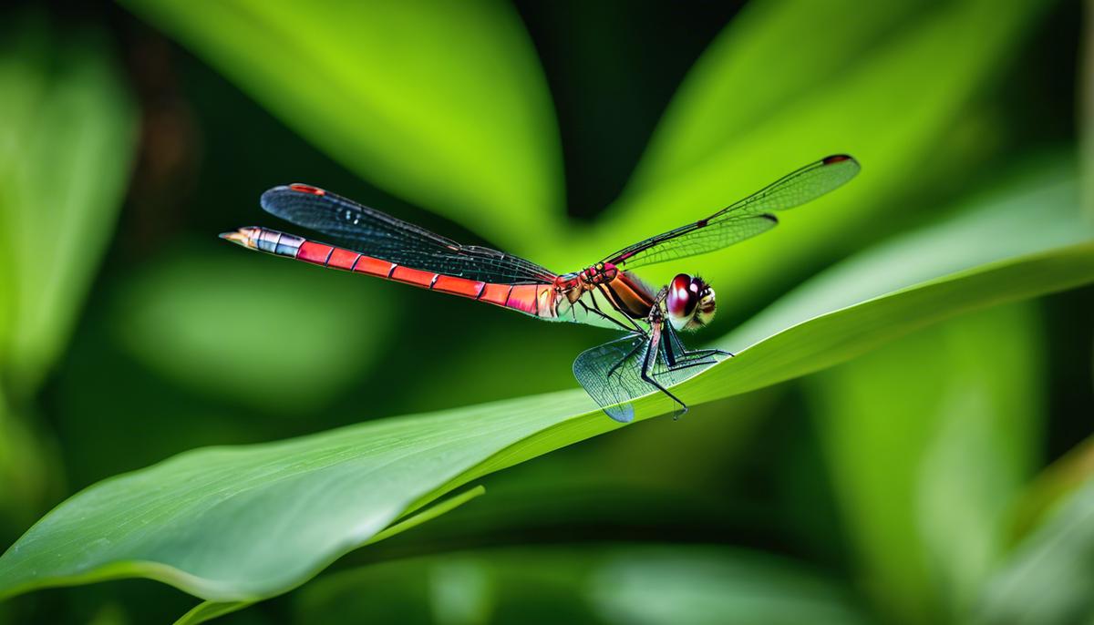 A close-up image of a dragonfly resting on a green leaf in a serene pond surrounded by lush vegetation.