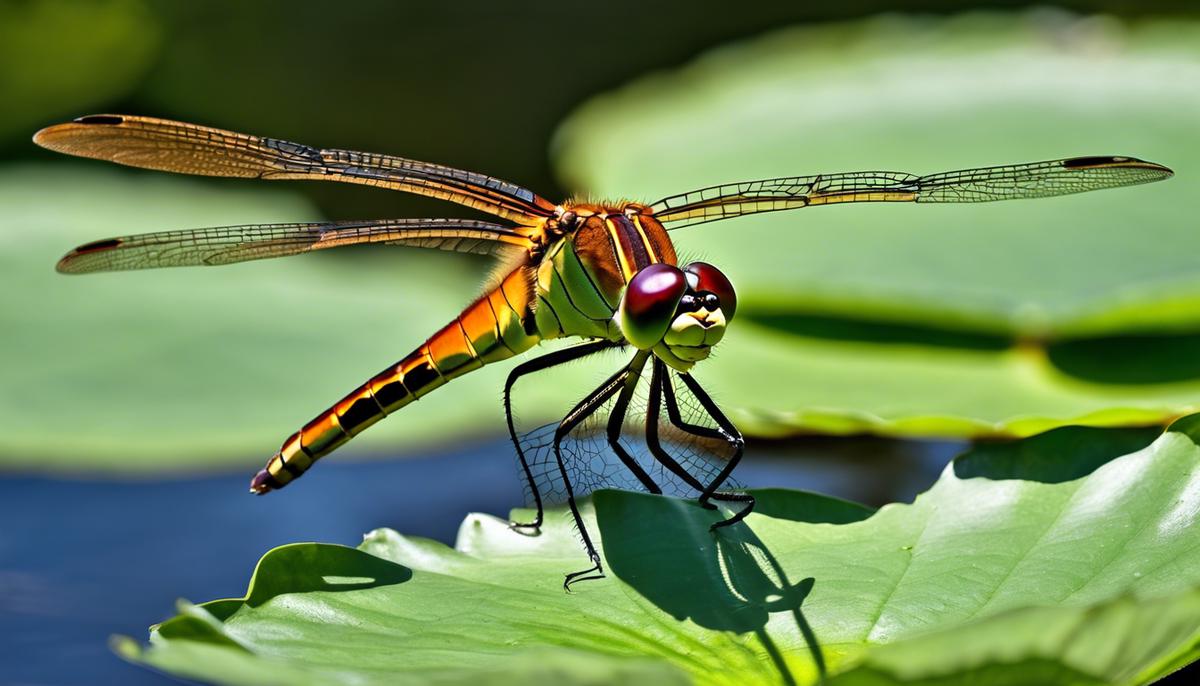 Image of a dragonfly resting on a water lily leaf