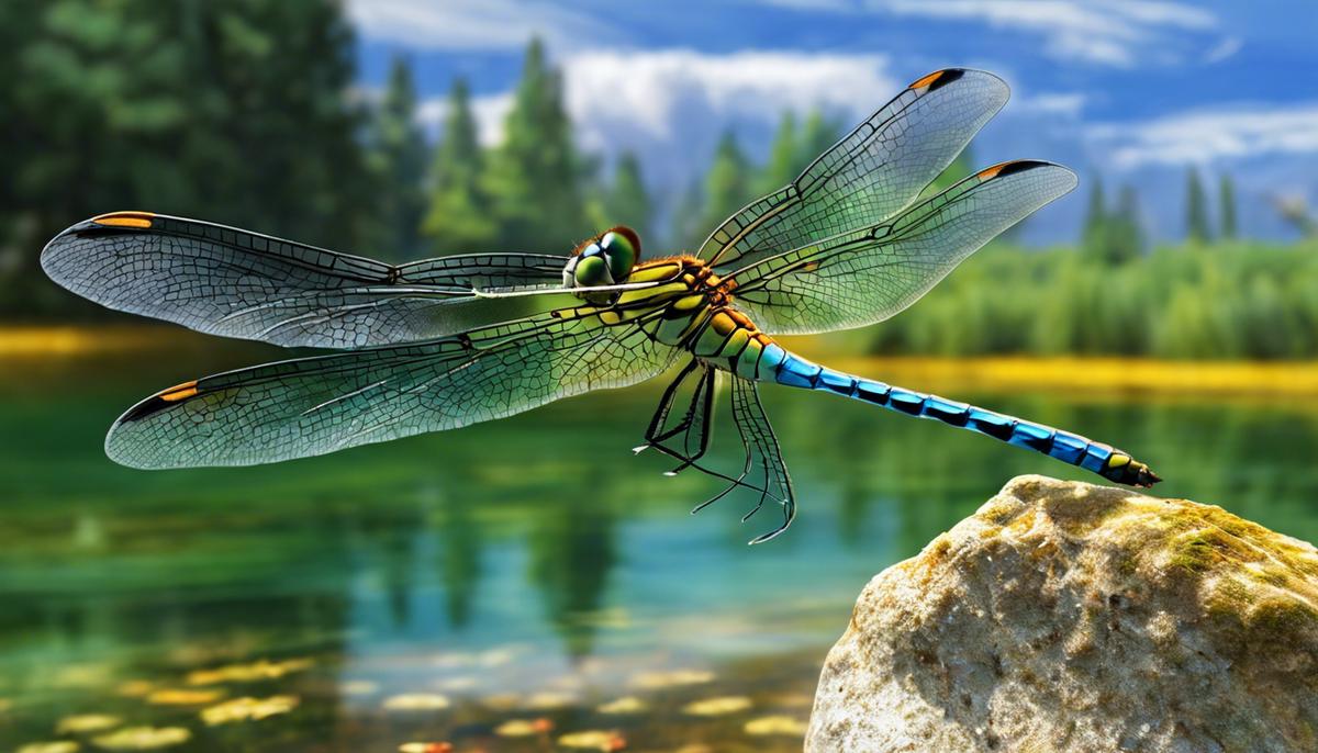 A dragonfly soaring above clear waters with its delicate wings.