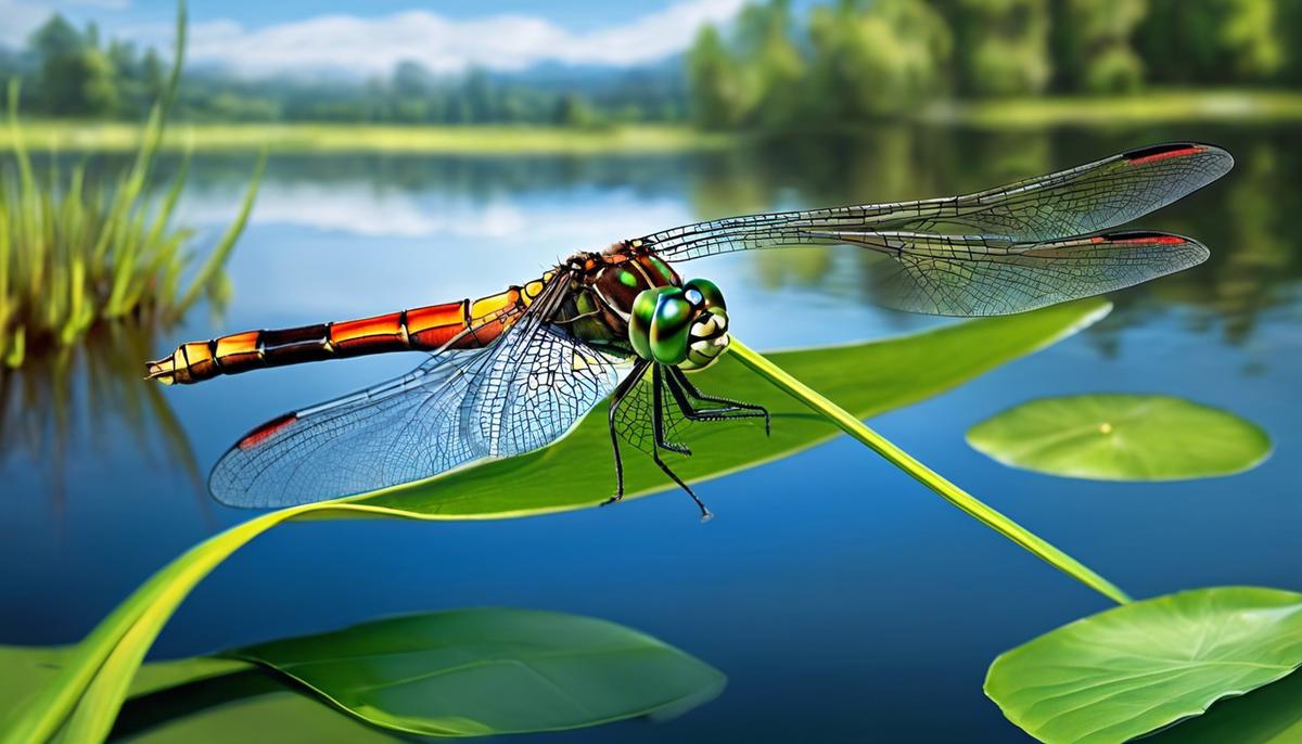 A vibrant dragonfly gliding over a calm lake, representing transformation and empowerment in dreams
