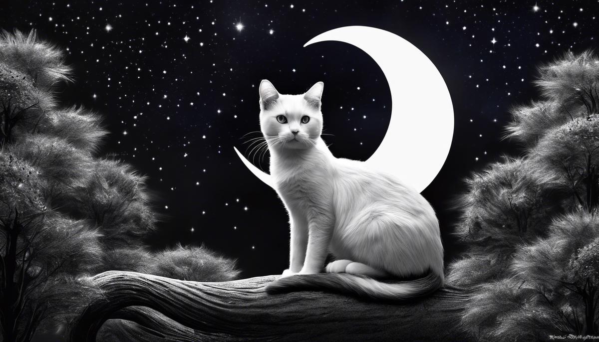 A mystical black and white dream cat sitting on a crescent moon in a starry night sky.