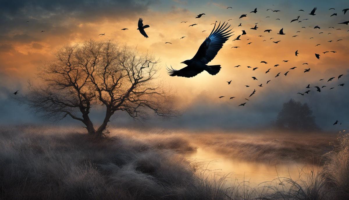 An image depicting crows flying in a dreamlike setting, conveying the mysterious and symbolic nature of dreams.