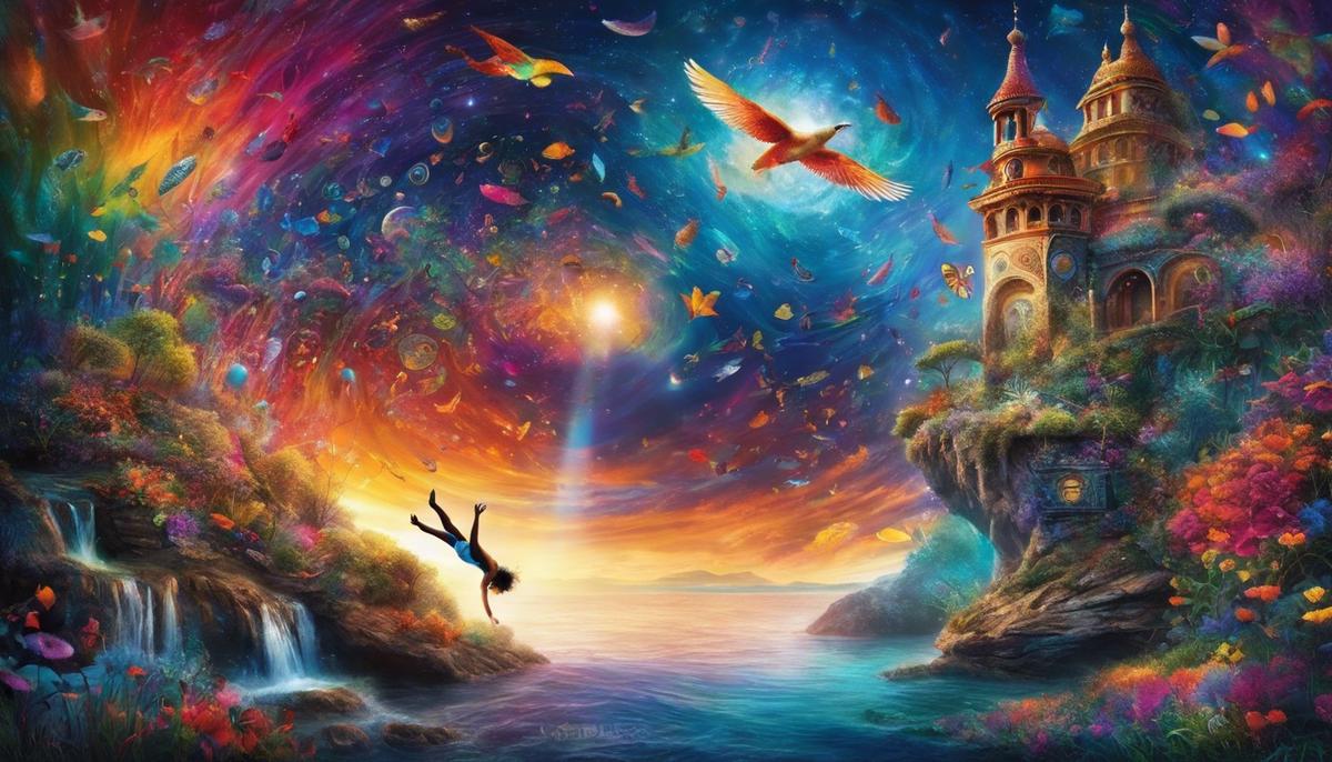 An image of a person diving into a colorful dream filled with symbols and mystical elements