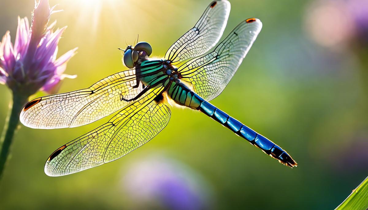 A mesmerizing image of a dragonfly in flight, its iridescent wings catching the sunlight against a dreamy backdrop.